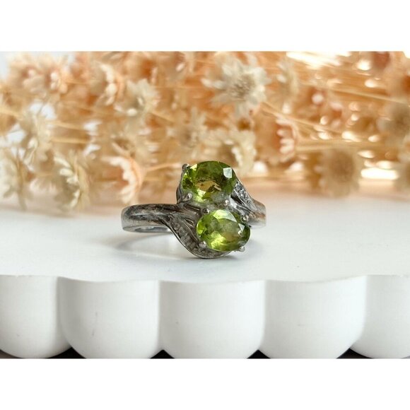 Bypass Shank Peridot Double Oval Multi Gemstone 925 Vintage Ring - sz 8 - Picture 10 of 10